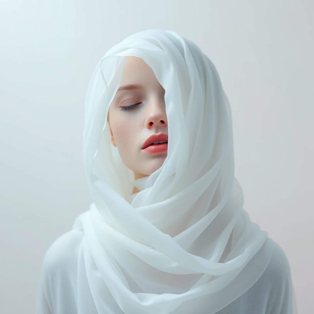 Ethereal Face Veiled in White Fabric: Soft Lighting