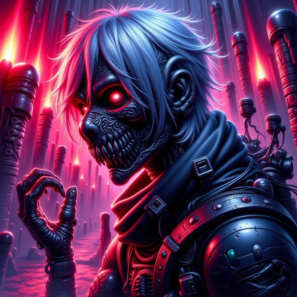 Cyberpunk Ninja Battles Biomechanical Monsters in Neon City