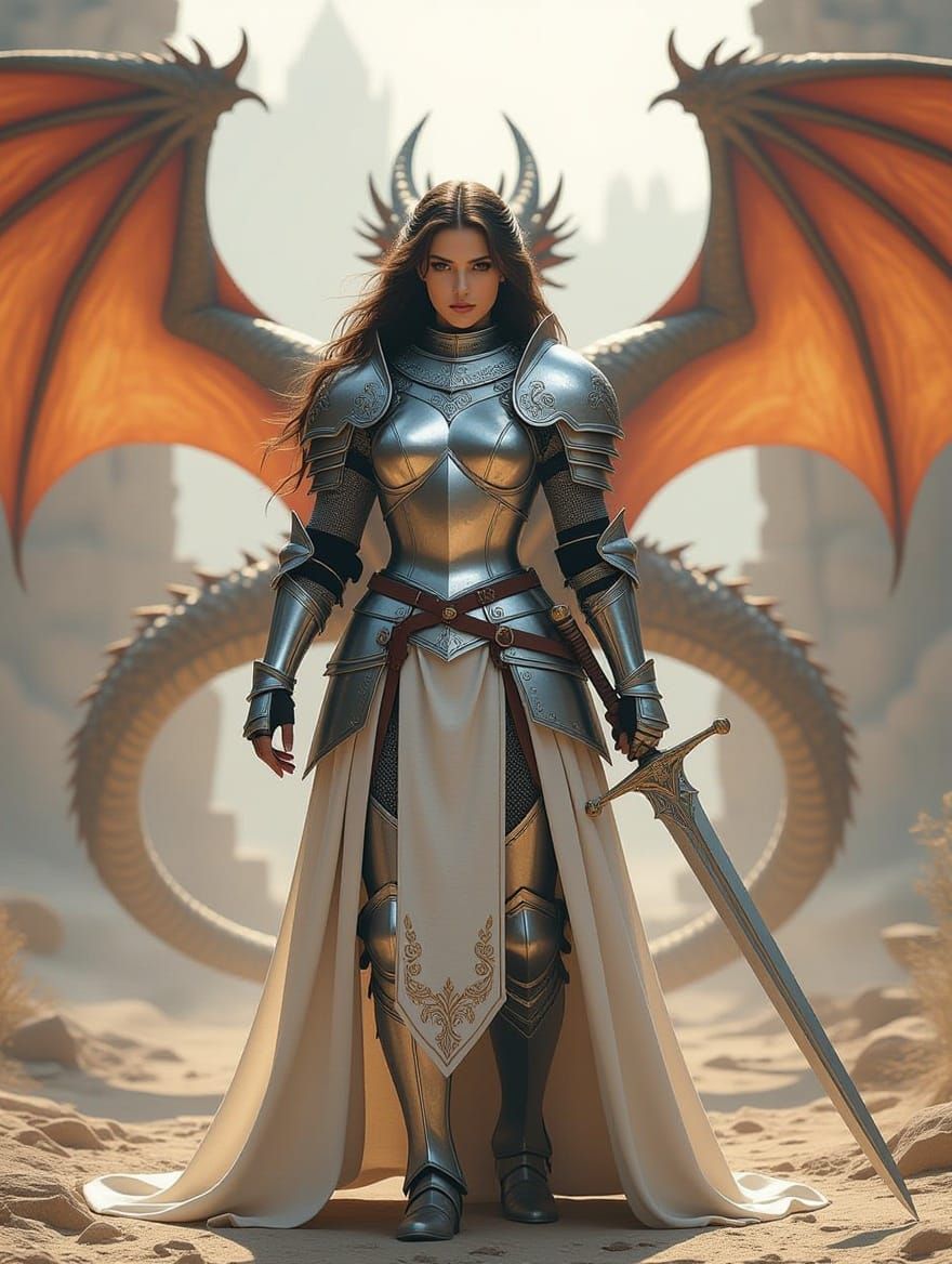 Heroic Female Knight with Dragons in Medieval Style