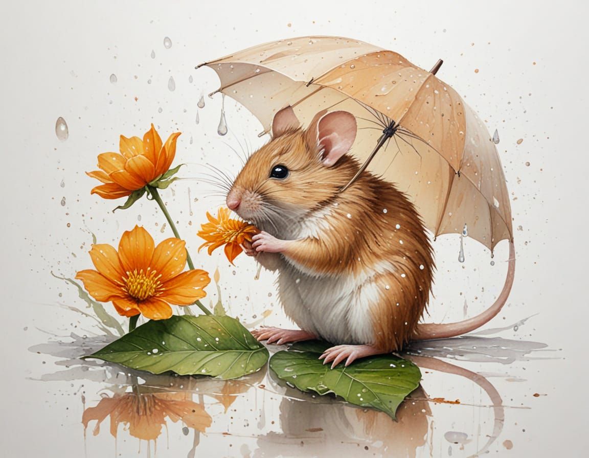Mouse Shelters Under Flower Umbrella in Whimsical Rain Scene