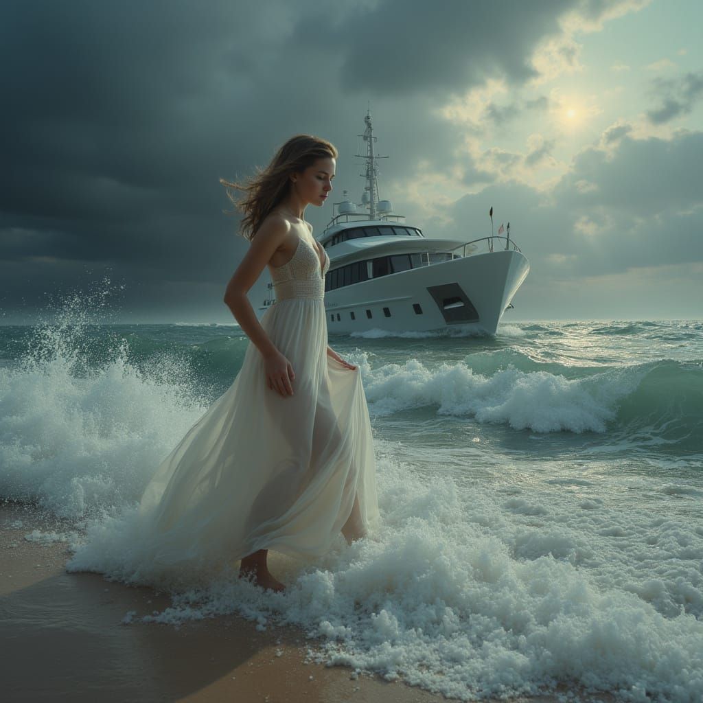 Woman on Yacht After Storm, Atmospheric Lighting