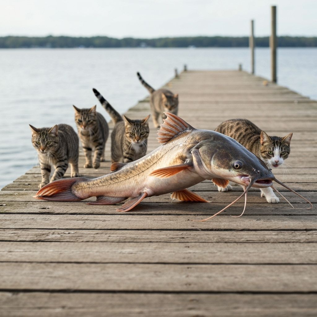 Walking Catfish Pursued by Cats on a Wharf