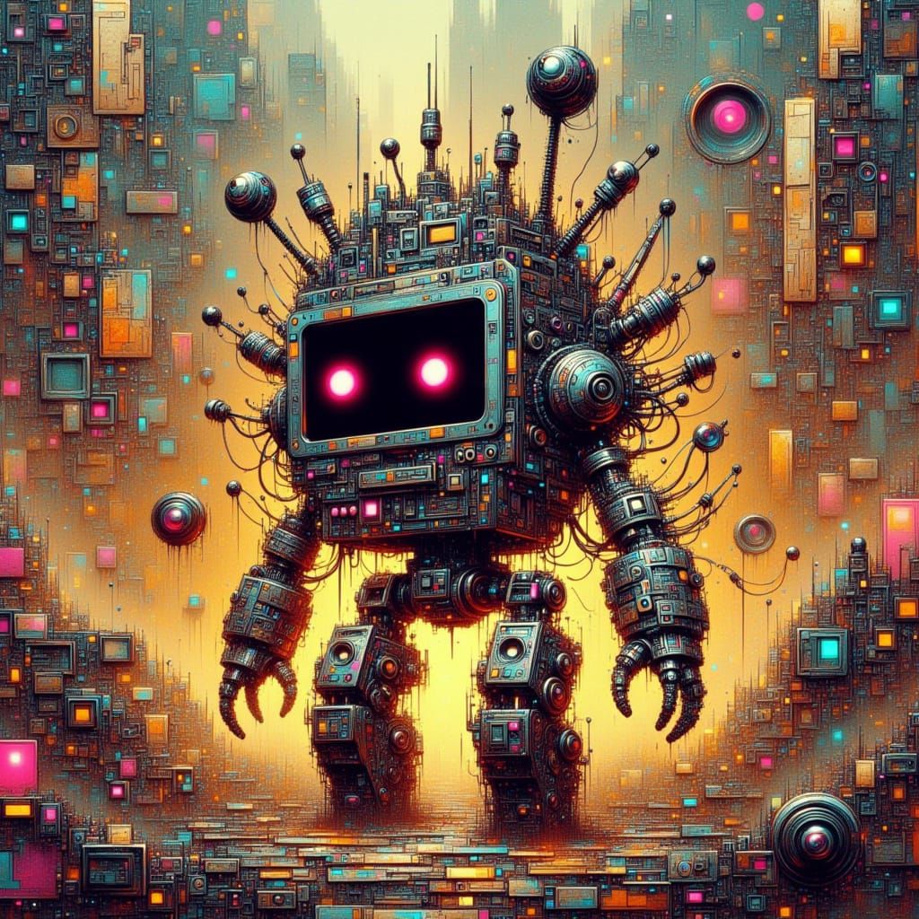 Urbanpunk Robot in Dystopian Cityscape
