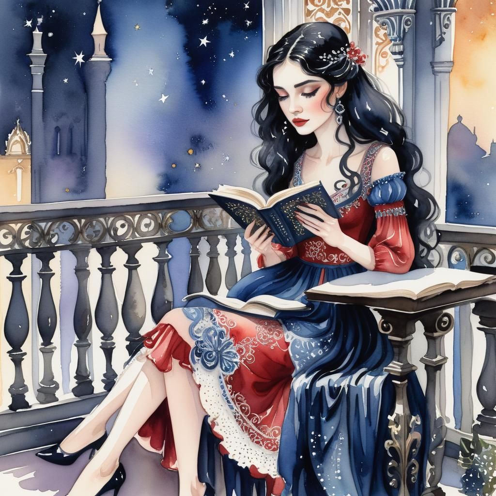 Whimsical Watercolor of Contemplative Woman in Floral Wonder...