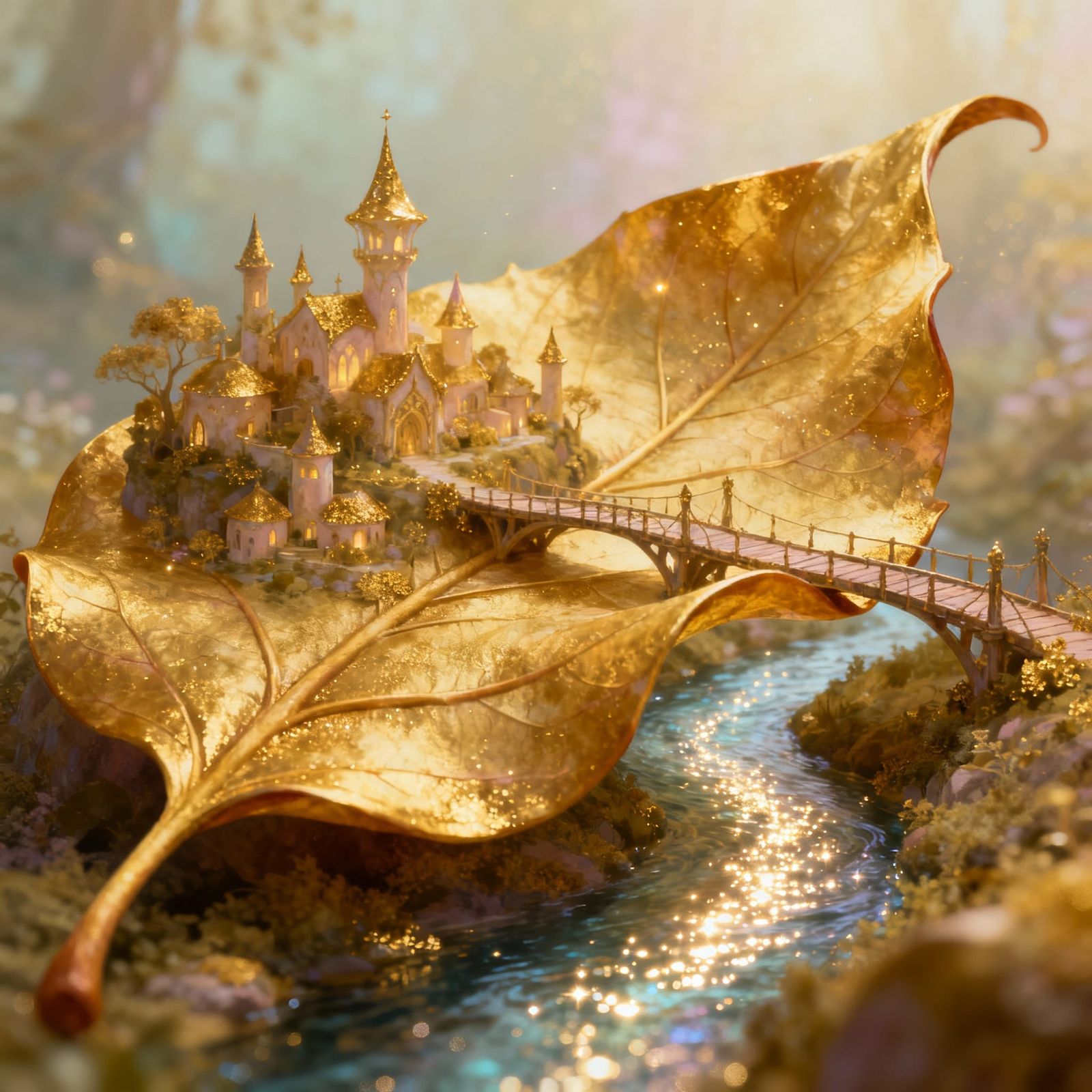 Ethereal Elven Settlement on Golden Leaf with Mystical Light...