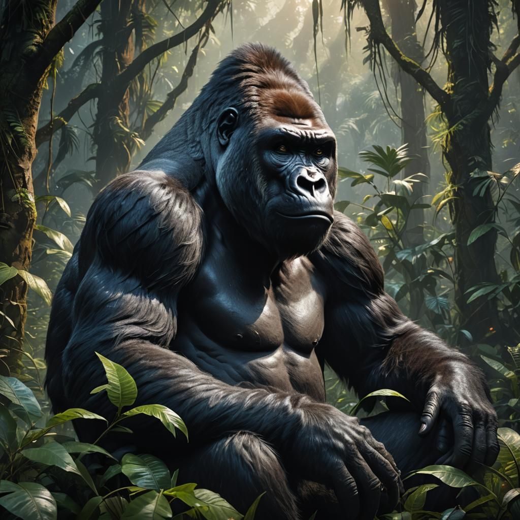 Sad Gorilla in Jungle: Detailed Matte Painting