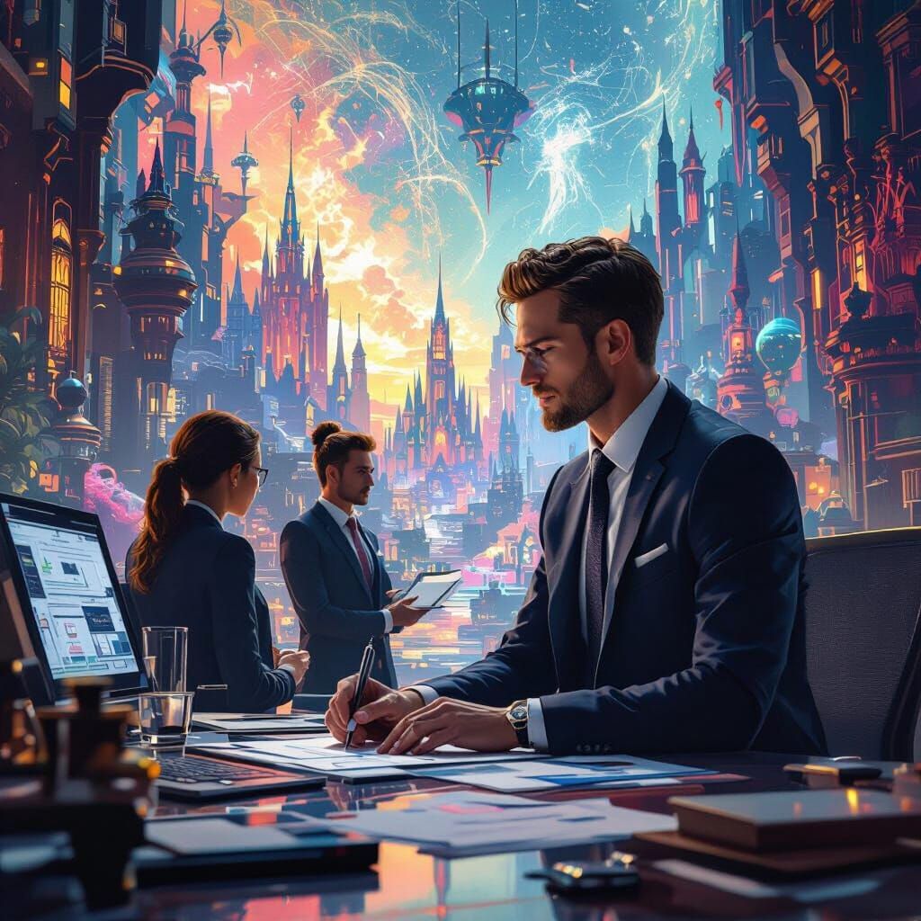 Collaborative Professionals in Vibrant Fantasy Concept Art