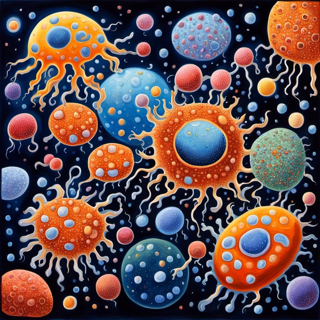 Detailed Gouache Painting of Cellular Microcosm
