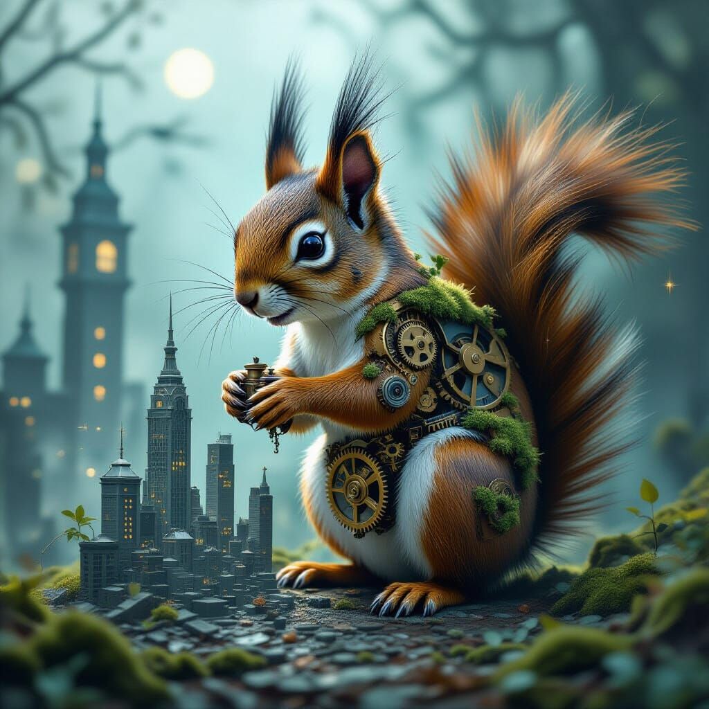Clockwork Squirrel Builds Decaying Cityscape