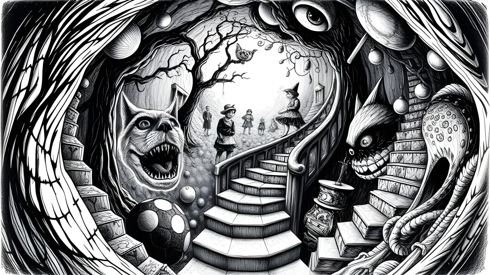 hyperreal fish-eye lens distorted perspective, scary contour...