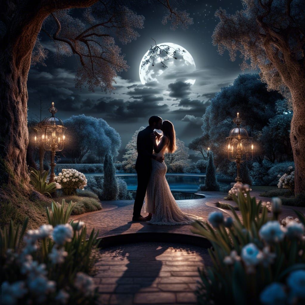 Moonlit Kiss in Garden of Eden: Hyperrealistic Image
