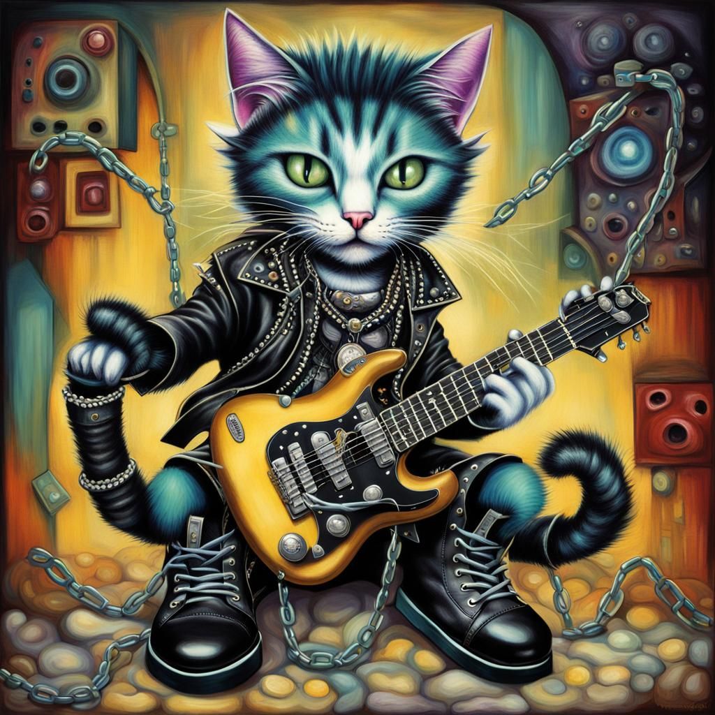 Punk Rock Cat Guitarist in Gothic Surrealism Style