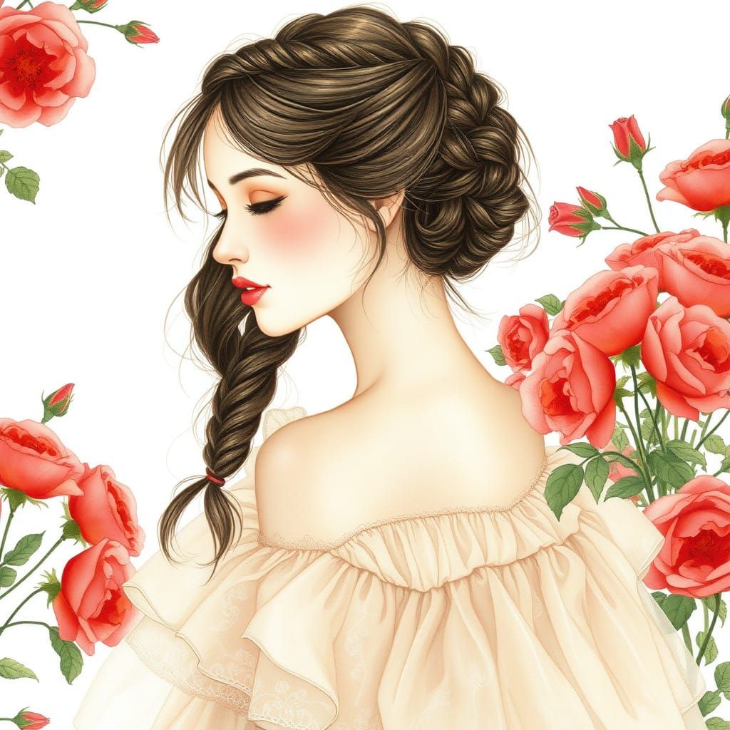 Romantic Bohemian Woman Surrounded by Red Roses in Vintage E...