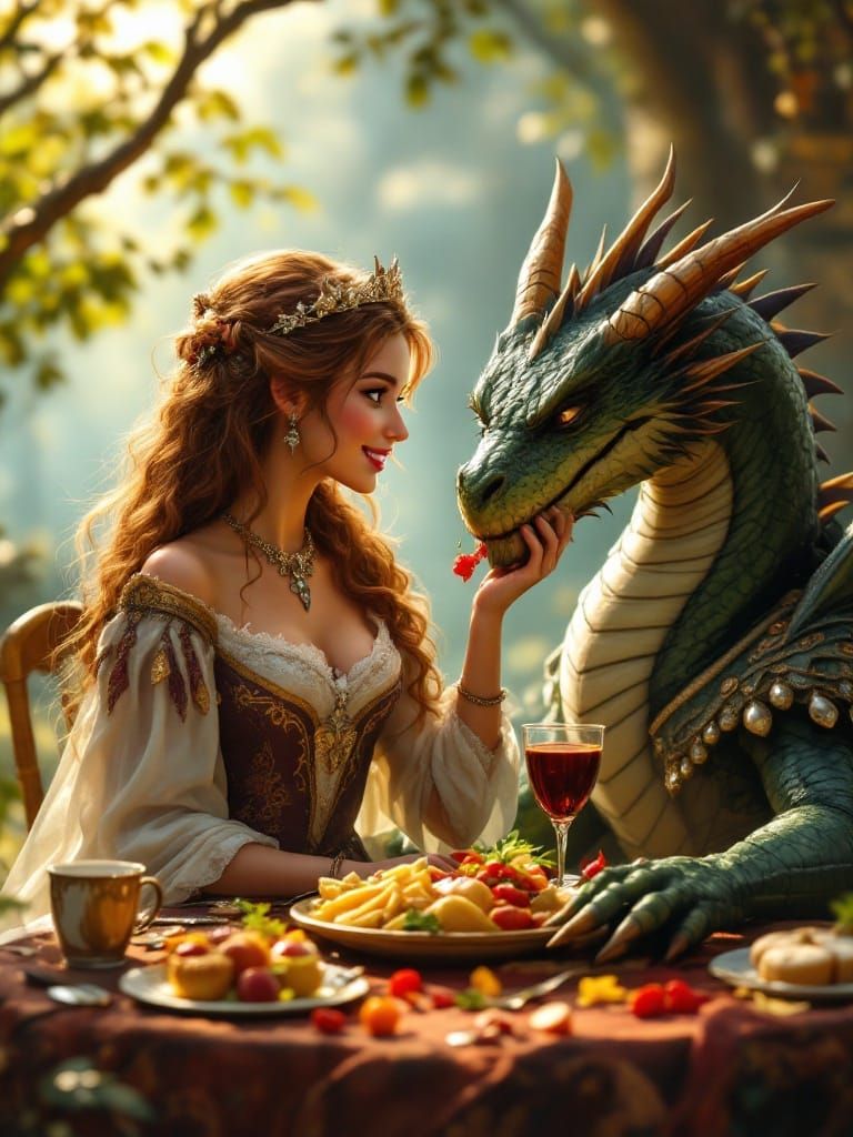 Medieval Princess and Dragon Share a Meal in Whimsical Harmo...