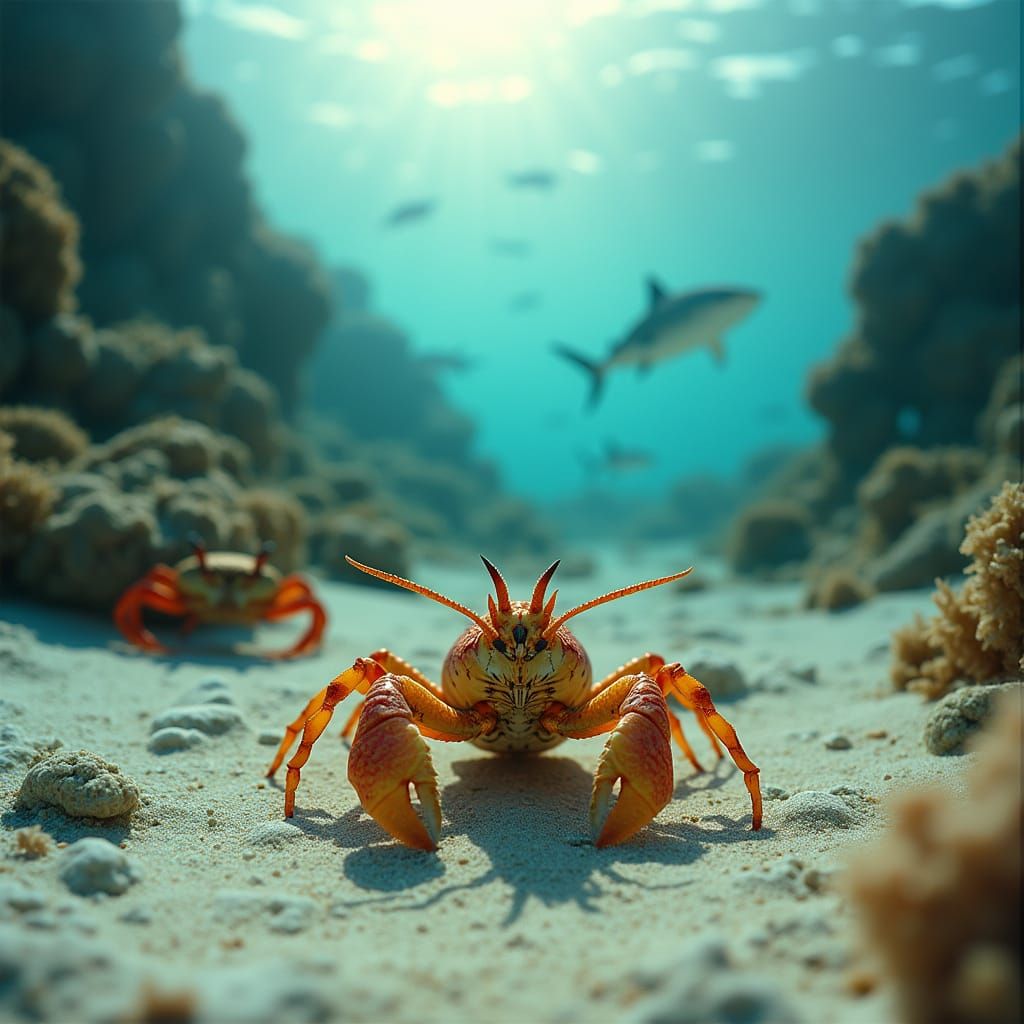 Vibrant Spiny Lobster and Sharks in Tropical Sea