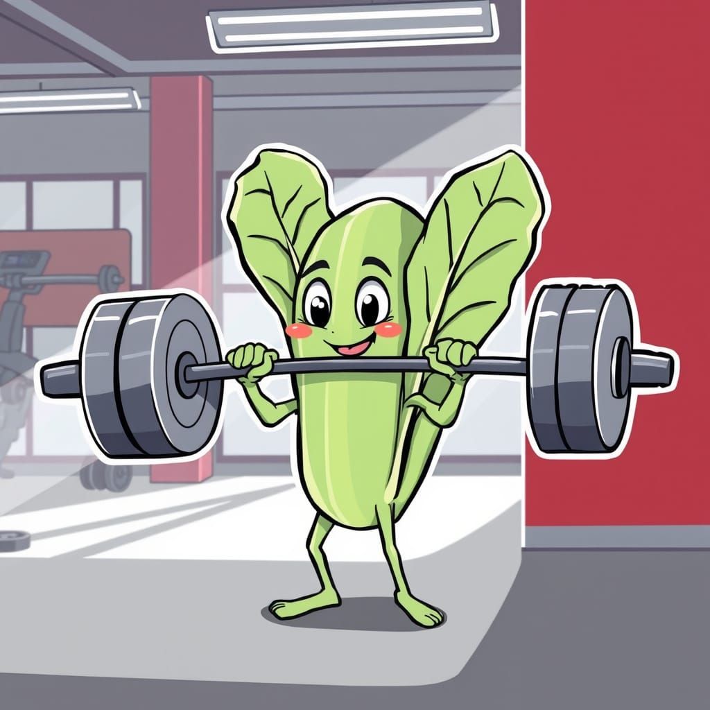 Cartoon Lettuce Weightlifter at the Gym