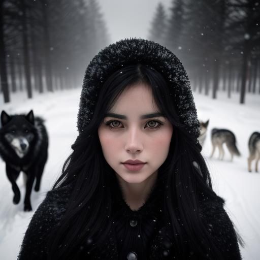 Wolves in Snow Led by Woman: Black and White Portrait
