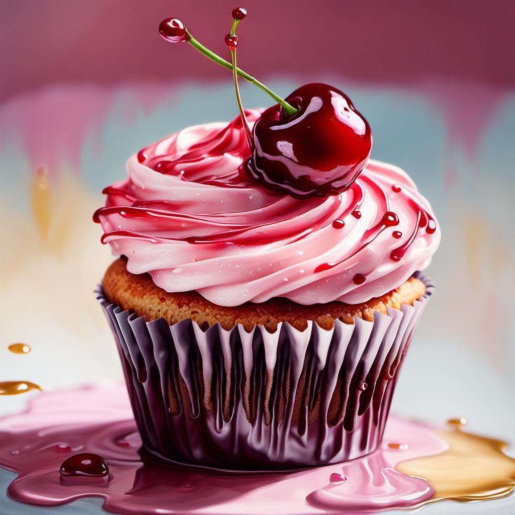 Hyper-realistic Oil Painting of a Cherry Cupcake in a Warm L...