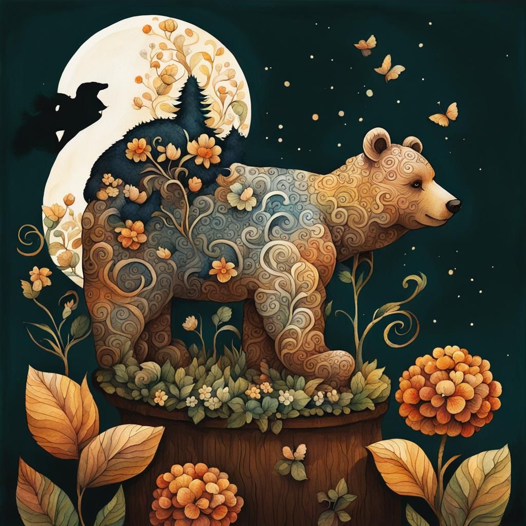 Teddy Bear in Garden: Folk Art Watercolor Illustration