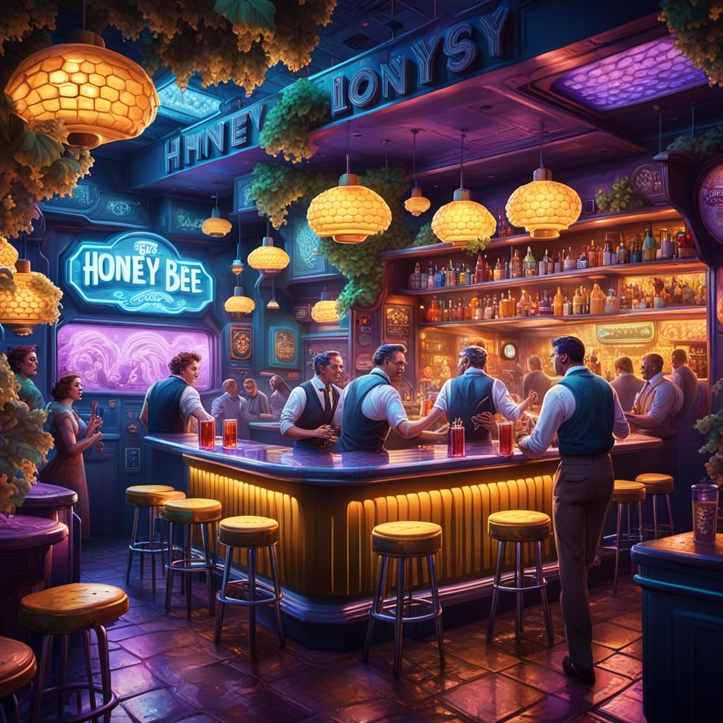 Fantasy 50s Honey Bee Dive Bar in Neon Noir Style