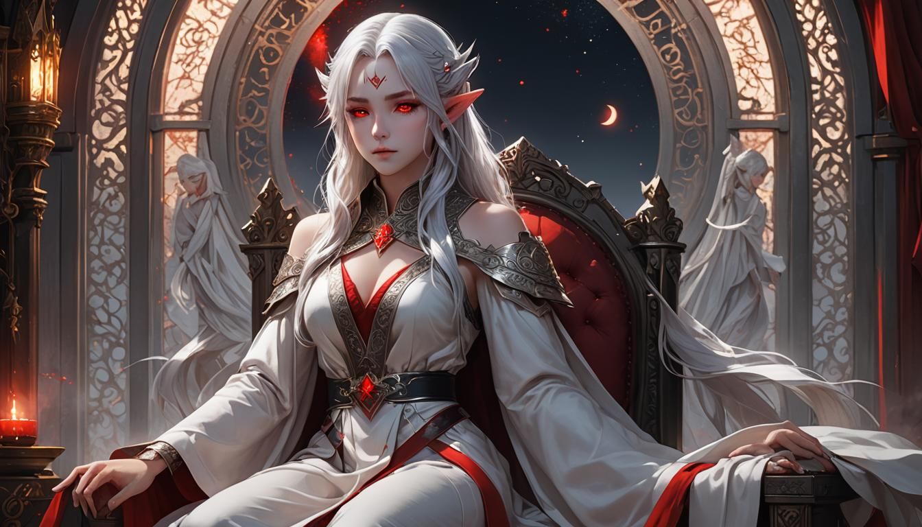 Elf on Throne with Red Moon in 3D Anime Art