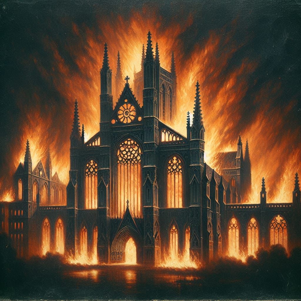 Gothic Church Ablaze: Vintage Oil Painting