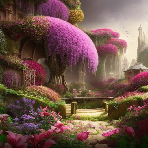 Secret Flower Garden in Digital Matte Painting Style
