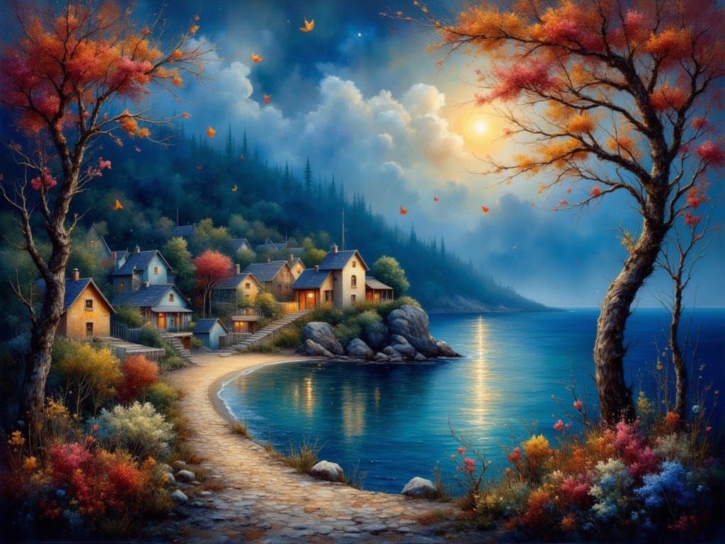 Autumn Harvest Moonlit Night on the Coast