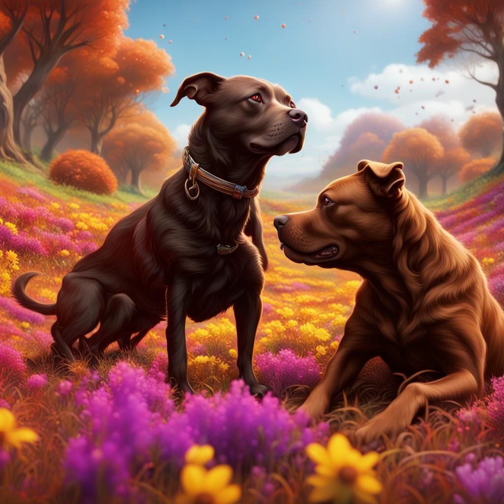 Chocolate Lab and Staffie Play in Colorful Field