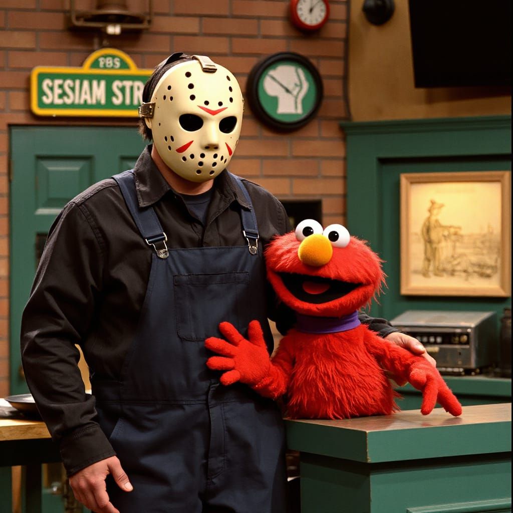 Jason Voorhees and Elmo on Sesame Street