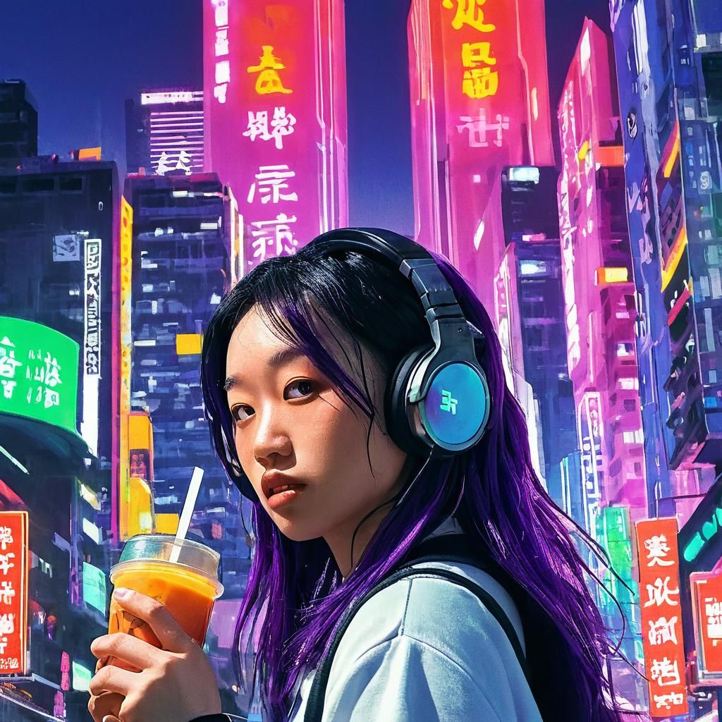Anime Girl with Boba in Cyberpunk City