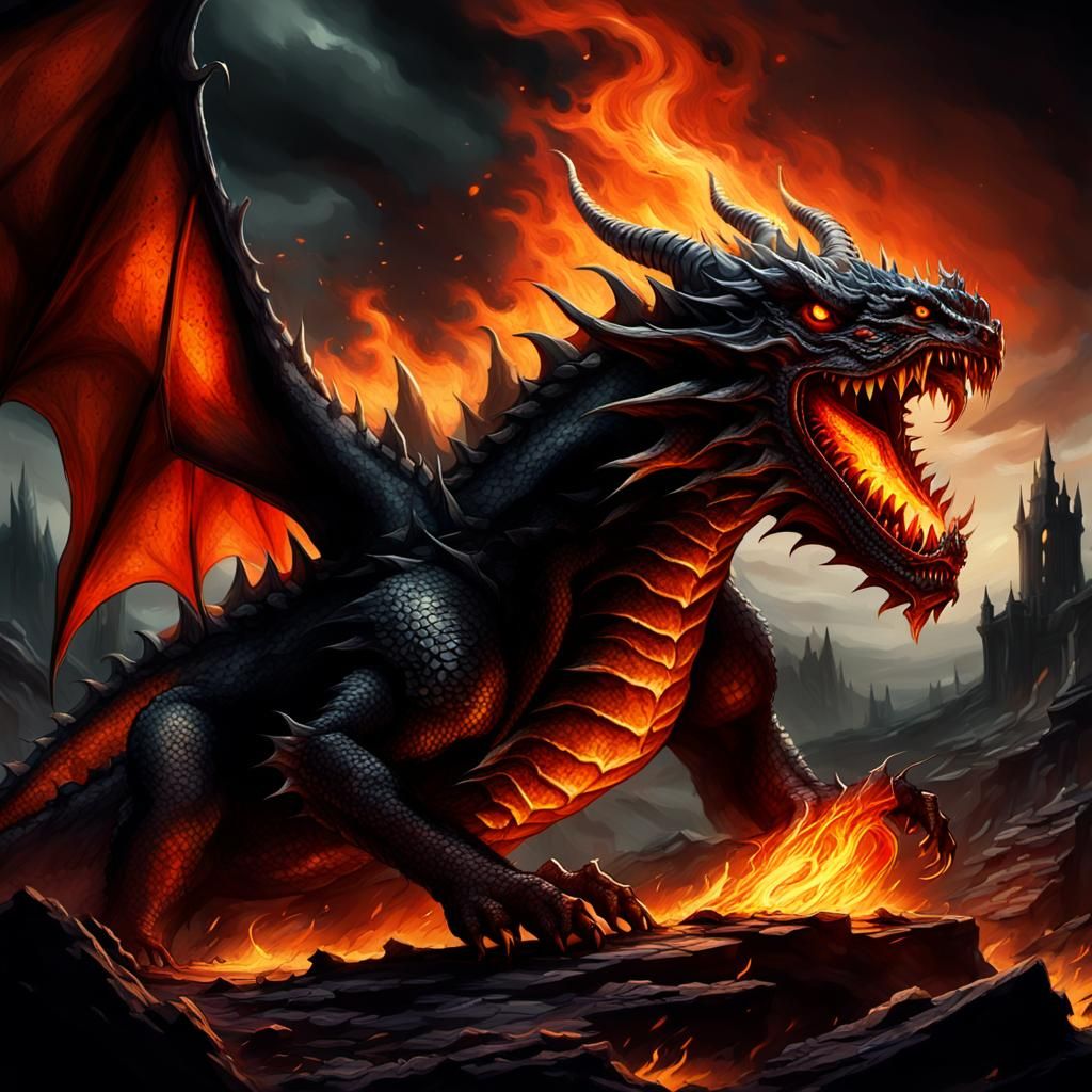 Dragon in Hellish Landscape: Dark Fantasy Illustration