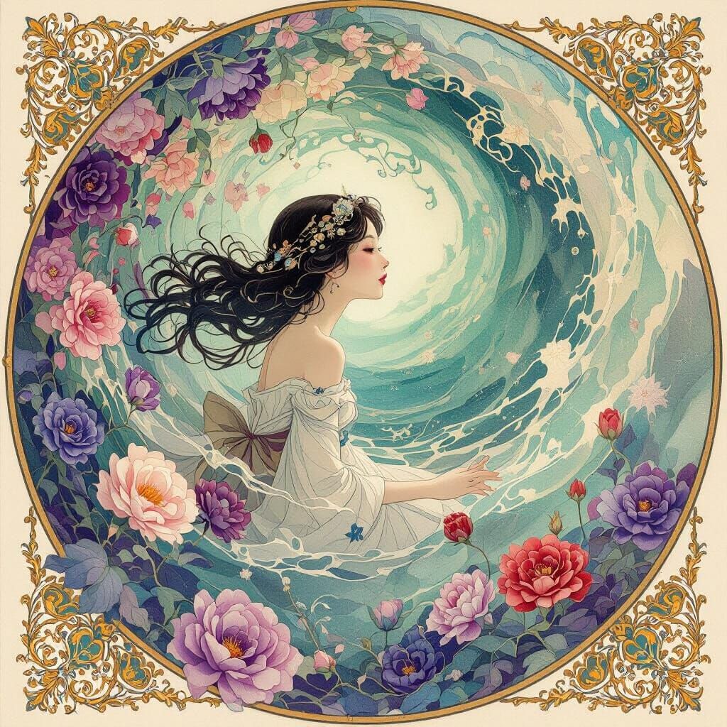 Ethereal Woman Amidst Watercolor Blooms and Baroque Opulence