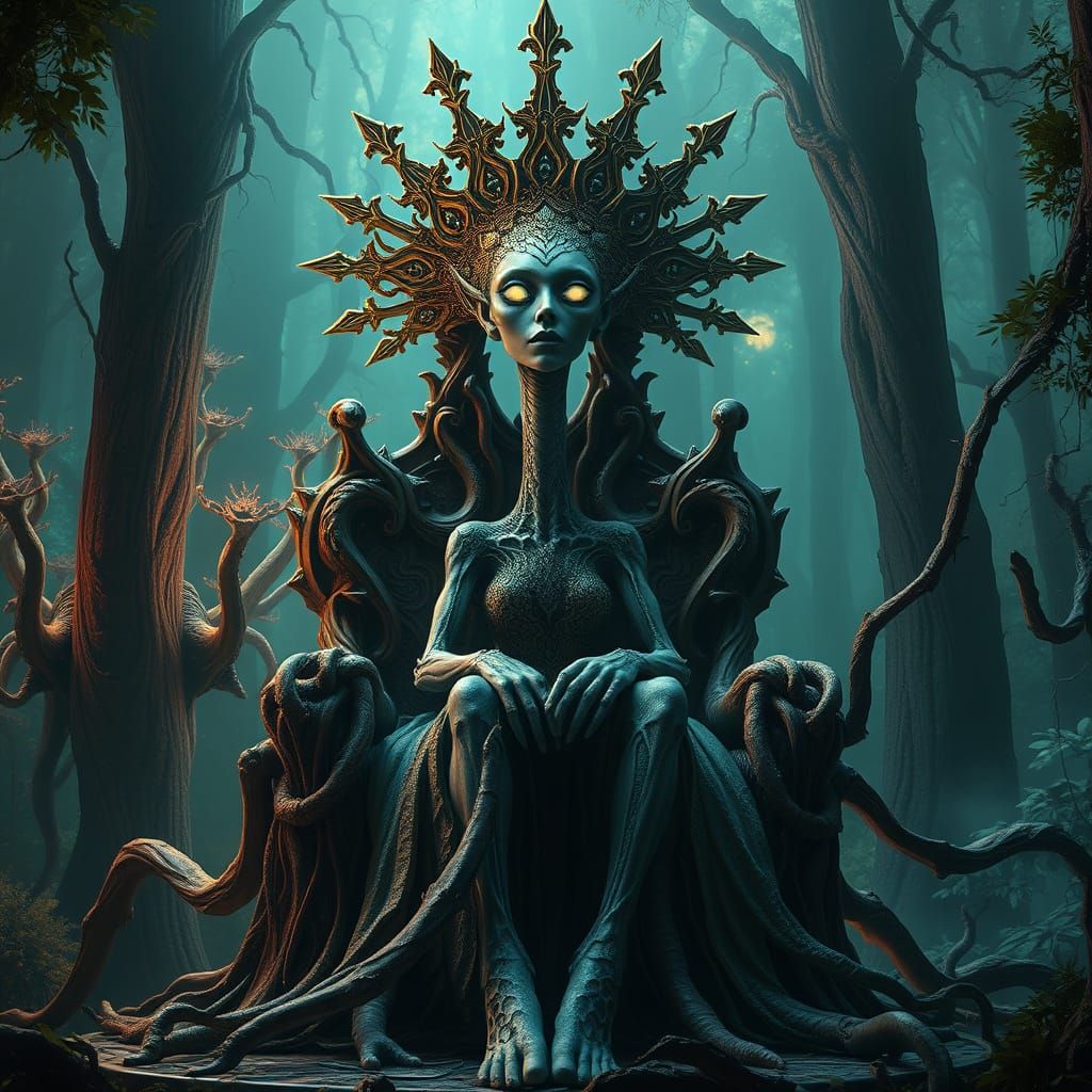 Regal Queen with Elongated Neck in Bioluminescent Forest