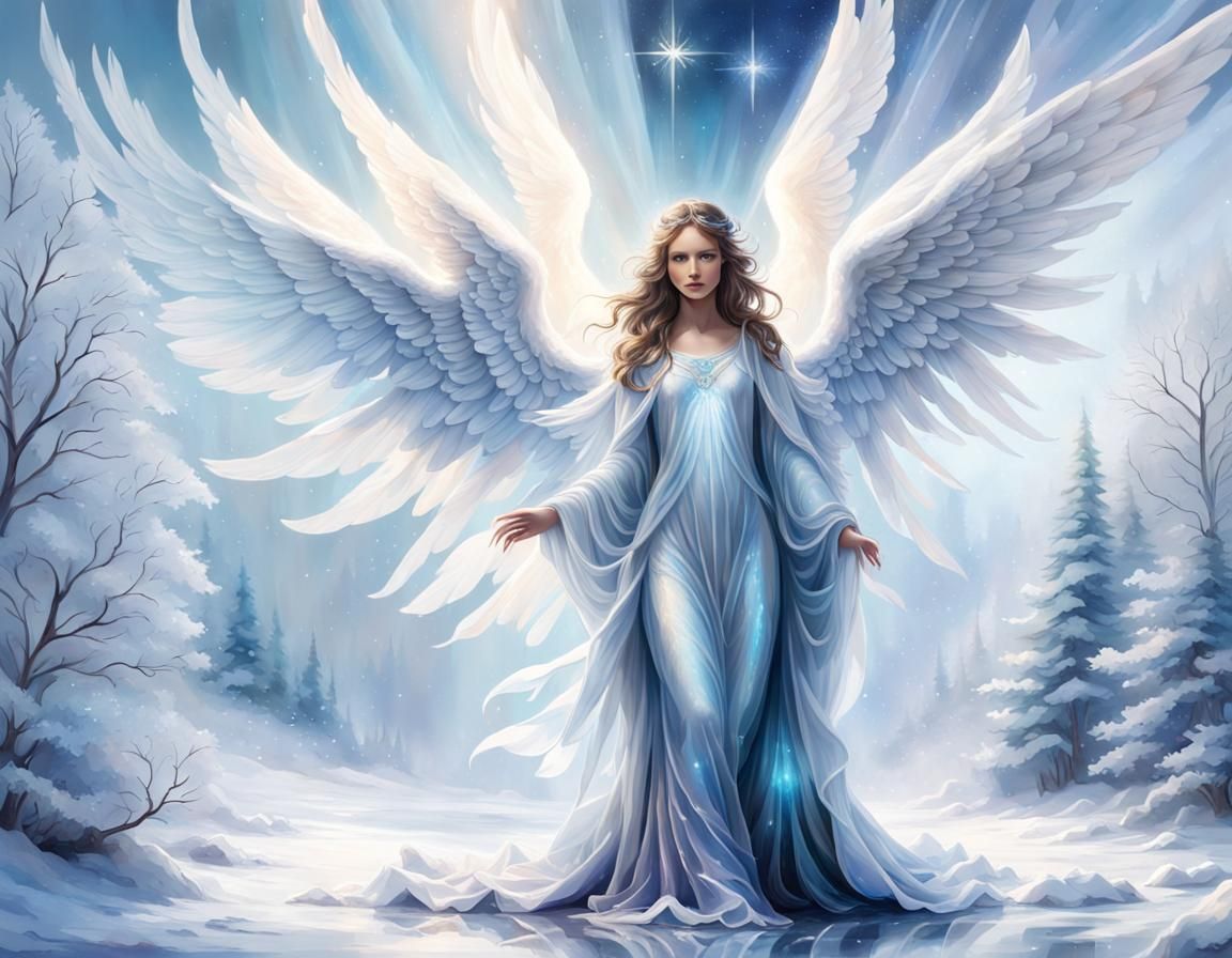 Ethereal Angel in Frosty Landscape: Digital Art