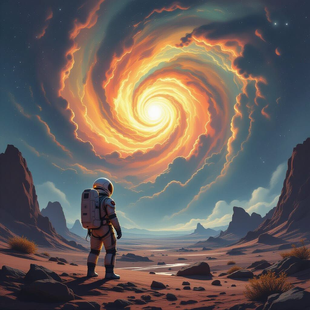Astronaut Gazing at Nebula on Alien Planet in Sci-Fi Style