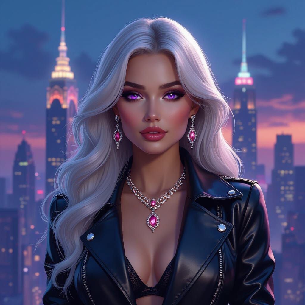 Retro-Futuristic Woman in Cityscape with Neon Lights