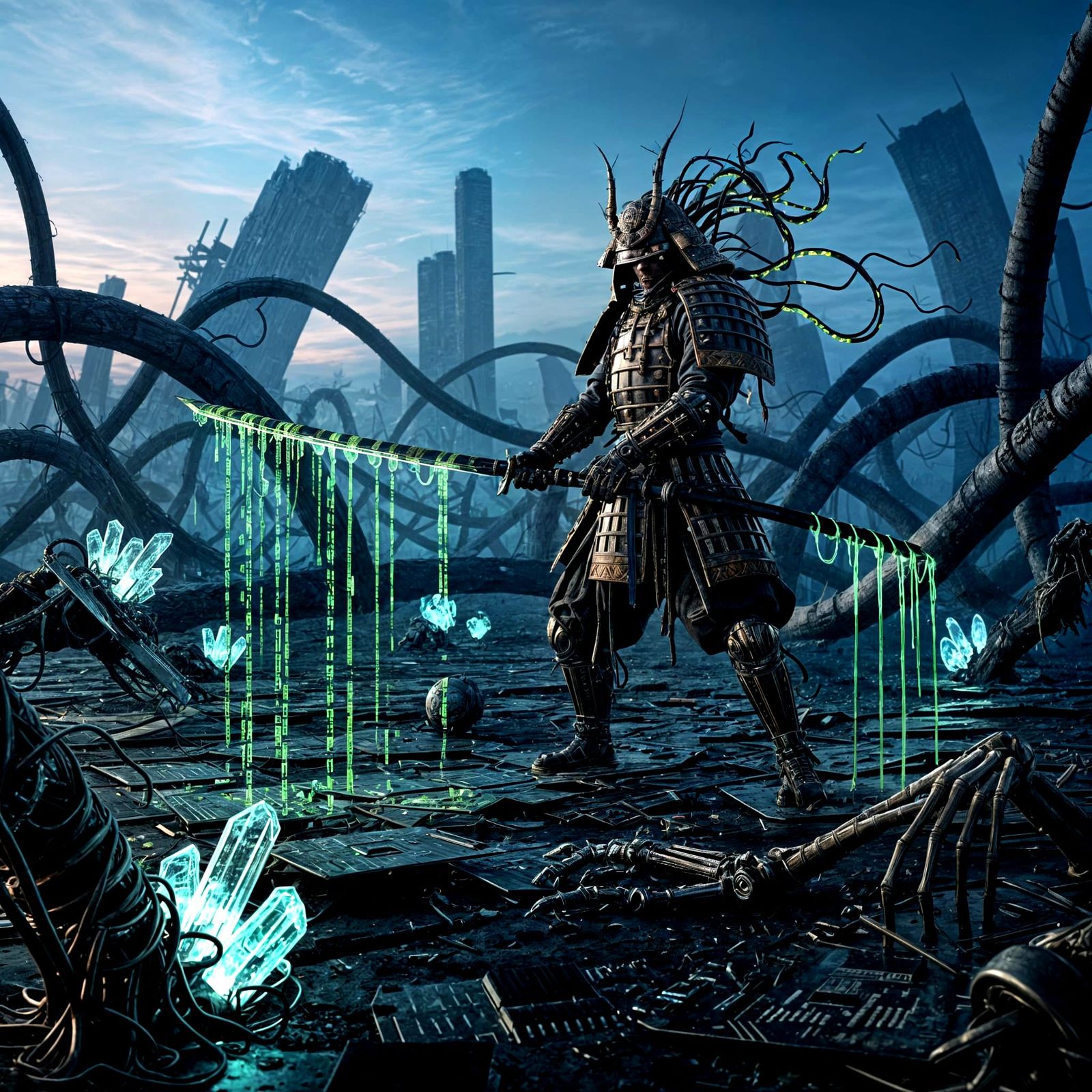 Samurai Warrior in Cyberpunk Wasteland with Digital Katana