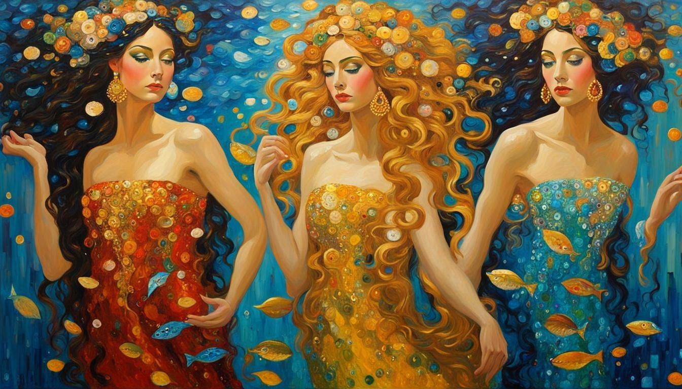 Water Nymph Goddesses in Klimt Impasto Style
