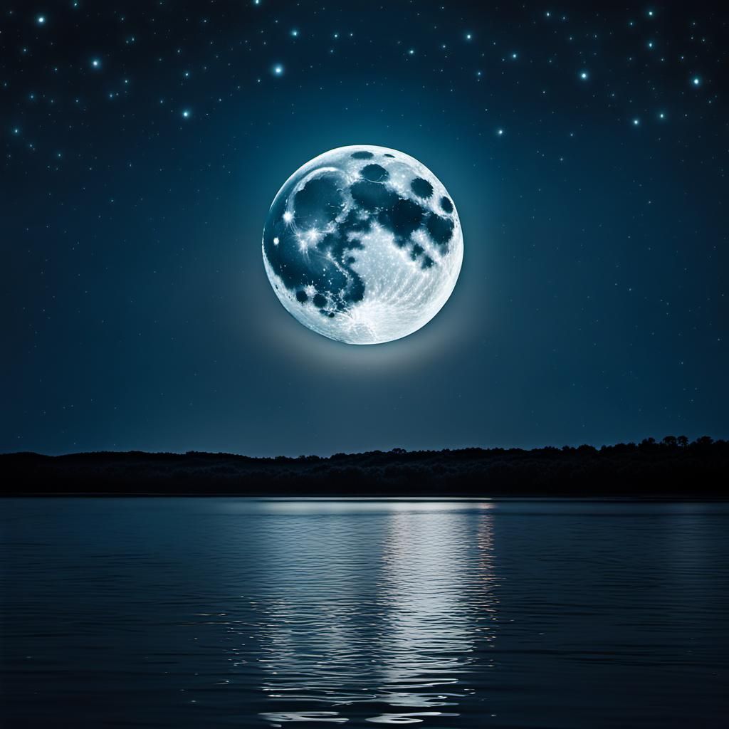 Radiant Full Moon Over Tranquil Water at Night