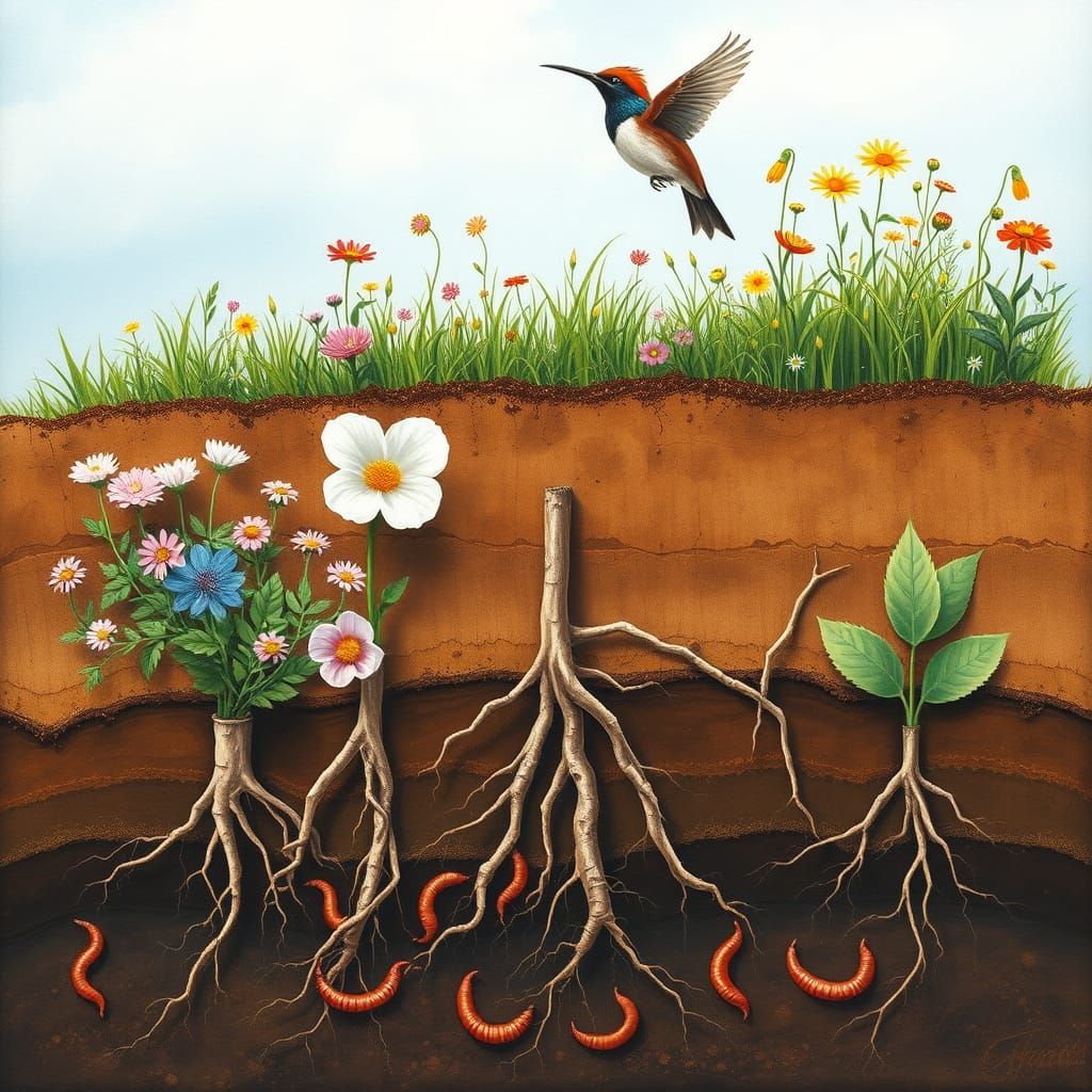 Loamy Soil Cross Section with Hoopoe Bird, Gouache Style