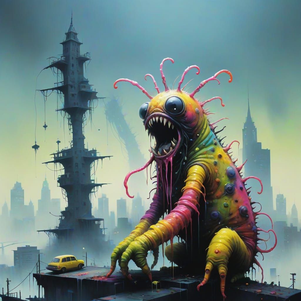 Vibrant Neon Maggot Creature Infects City