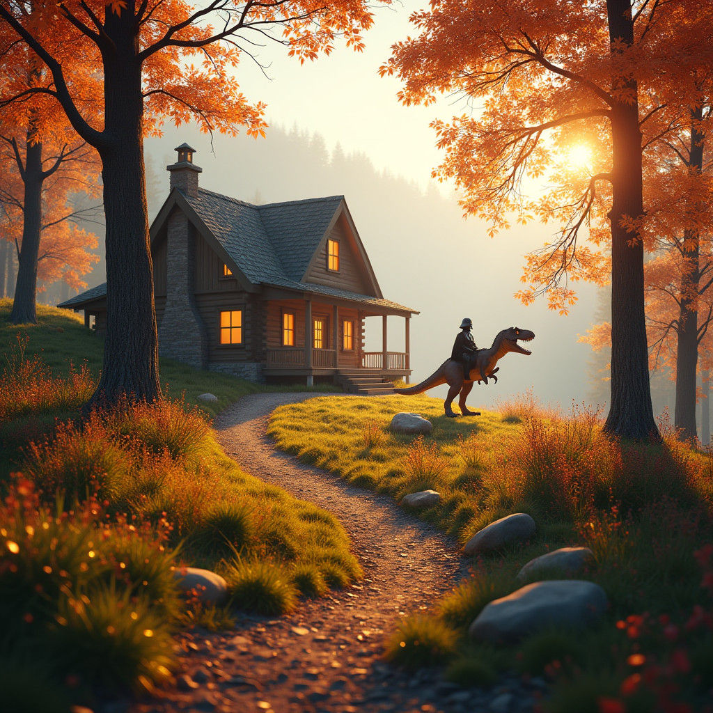 Autumn Cabin Landscape with T-Rex and Darth Vader