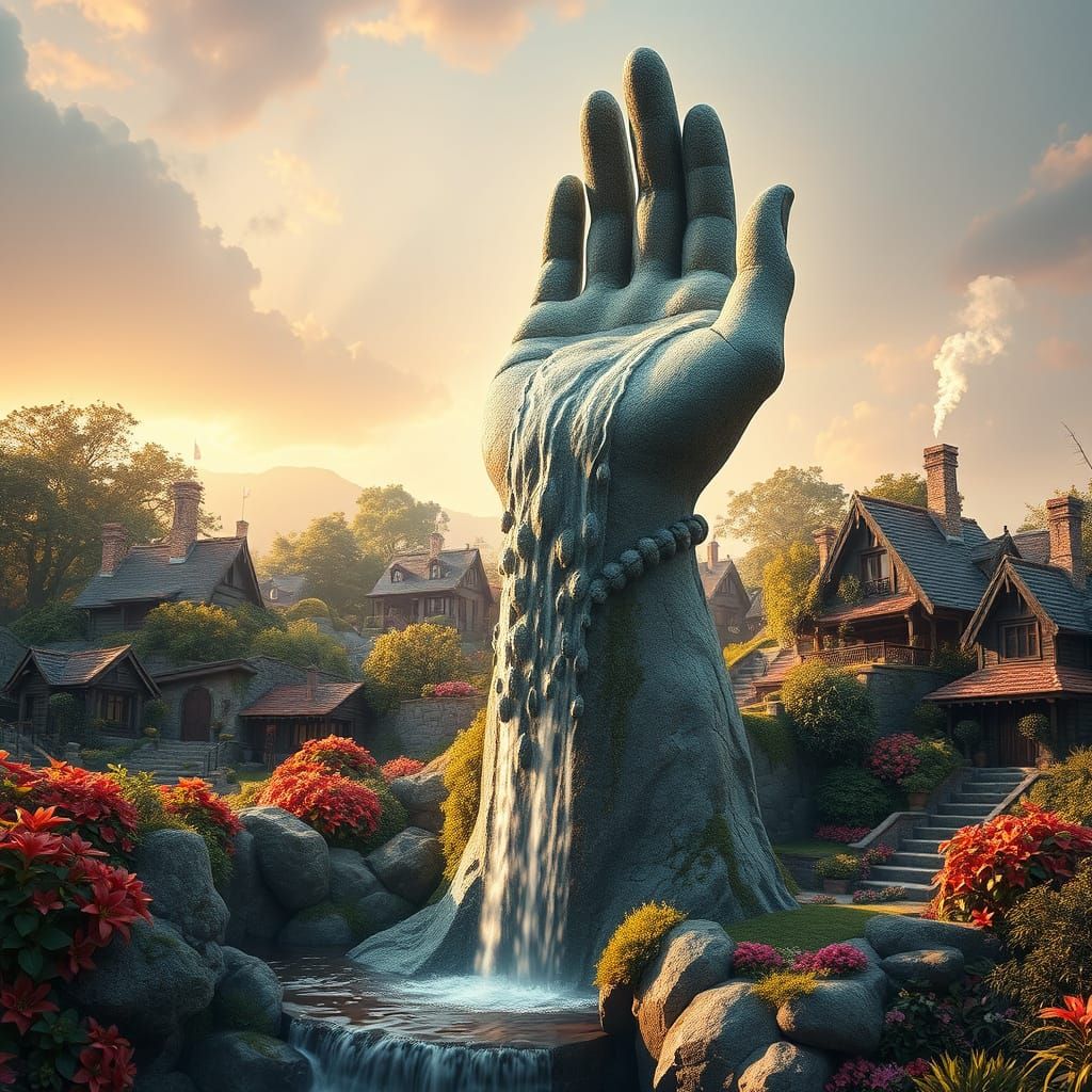 Majestic Stone Hand Sculpture Cradles Cascading Waterfall in...