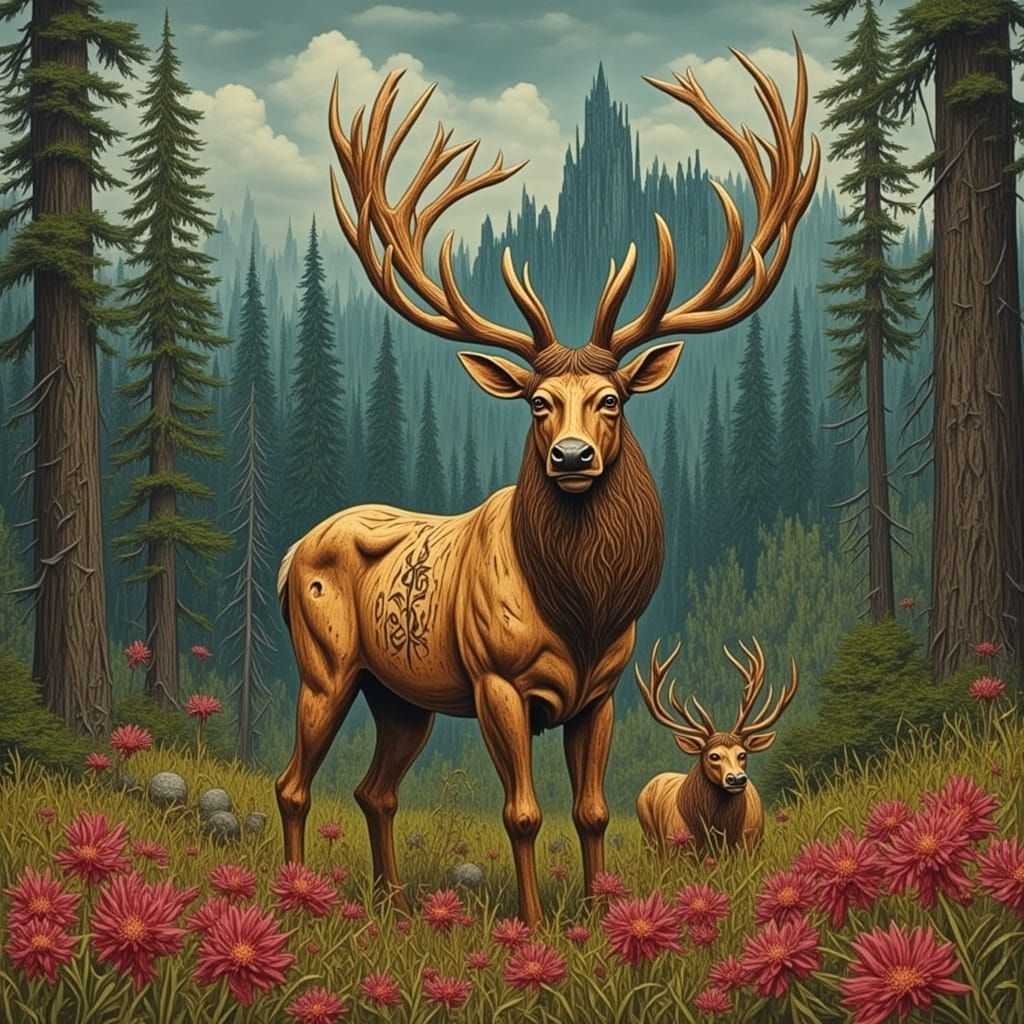 Majestic Fantasy Elk in Burgundy Wildflowers