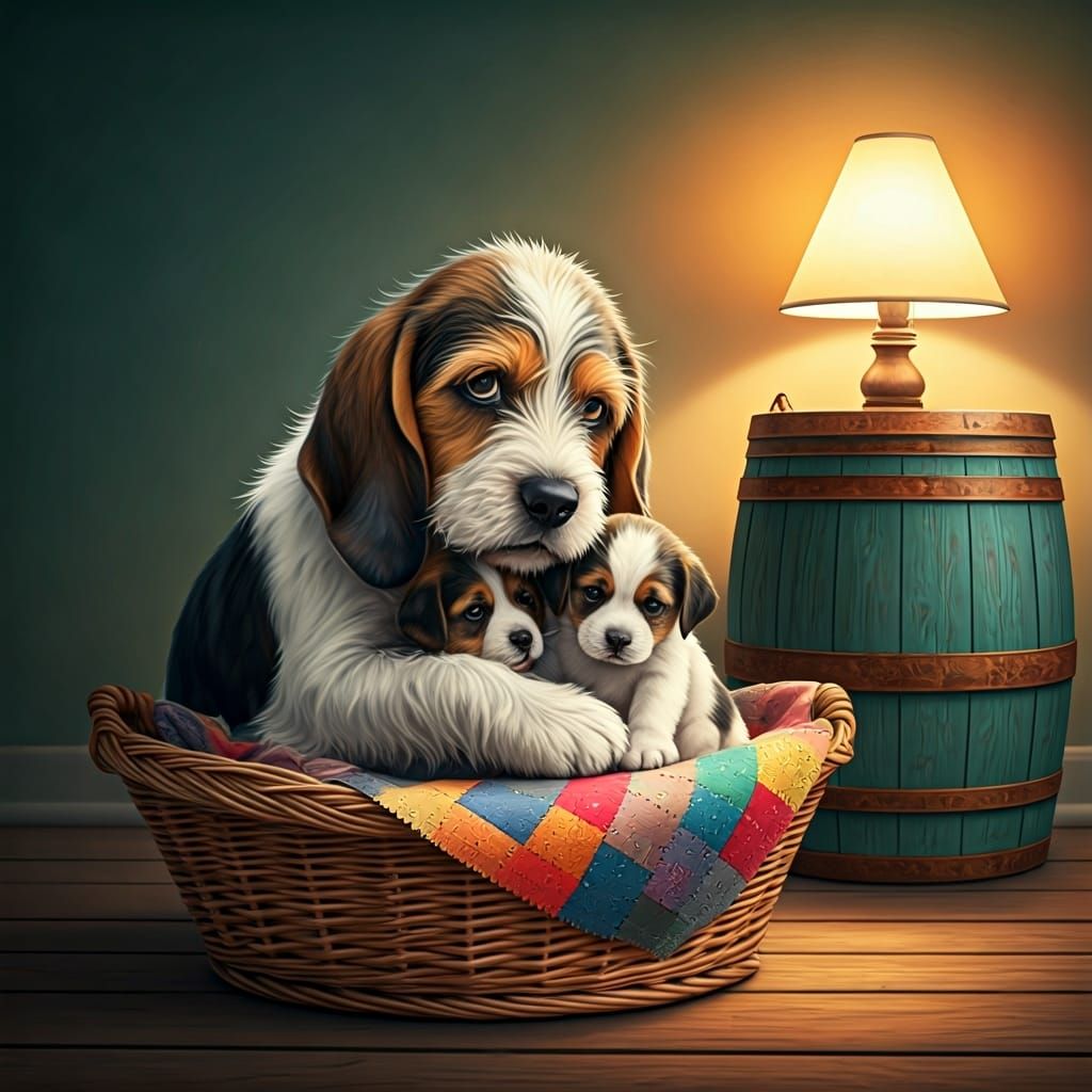 Play whimsical, Viber, and hyper, realistic, acrylic, watercolor, painting of a small, shaggy, doc hound, hugging his pu...