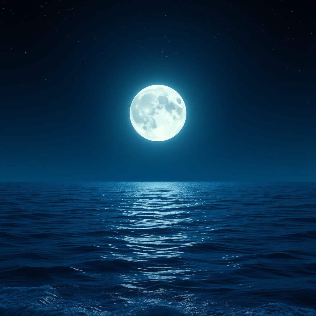 Ethereal Full Moon Illuminates Tranquil Ocean Waves