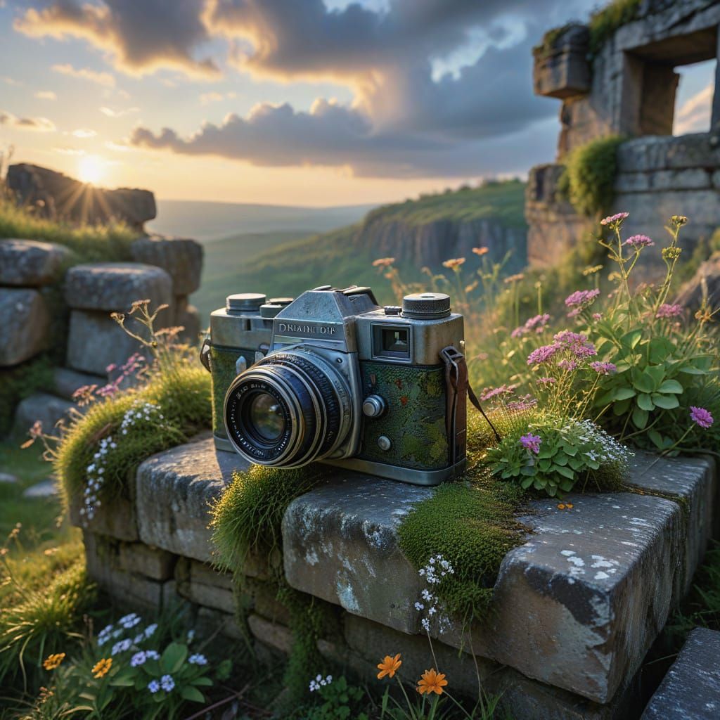 Vintage Camera Amidst Twilight Ruins