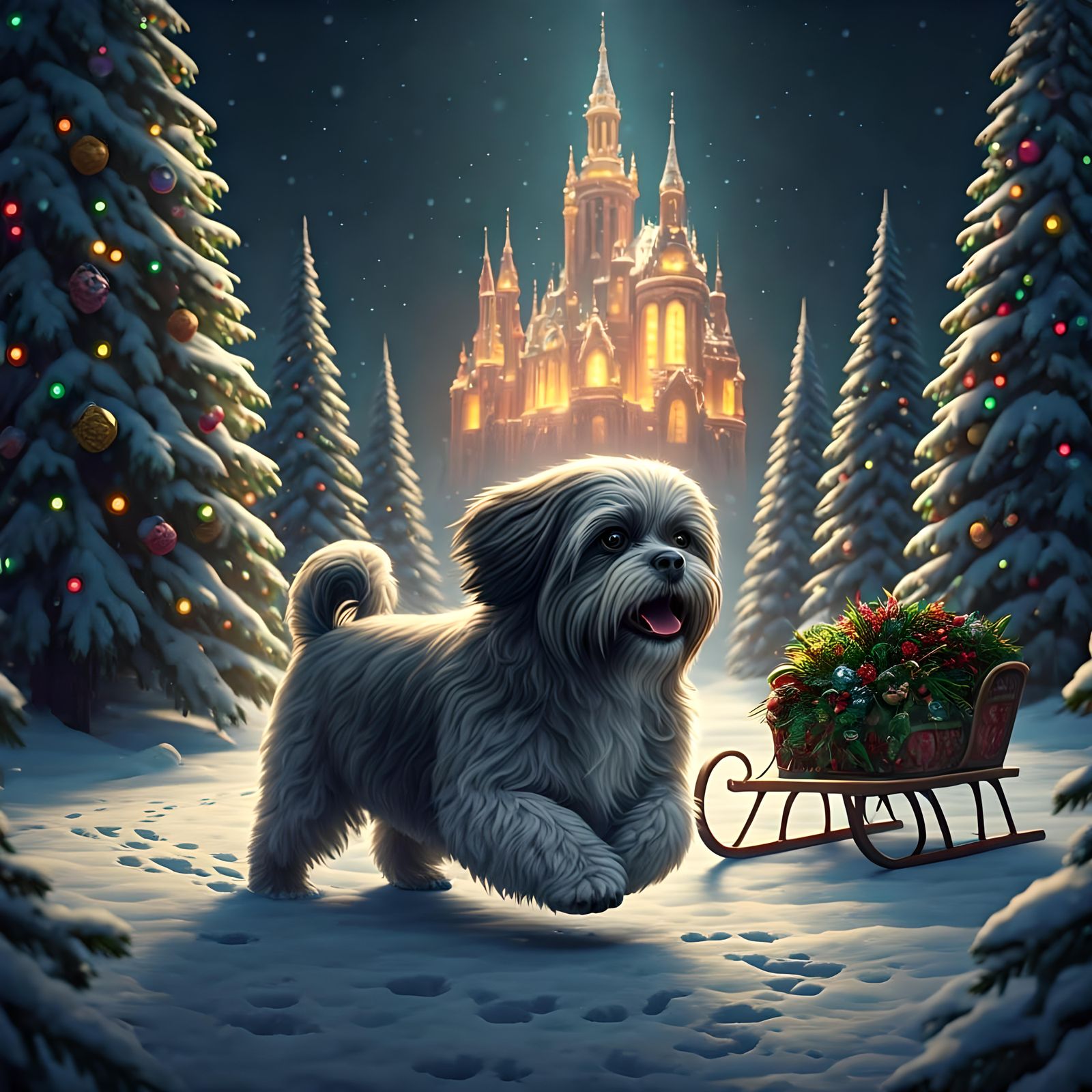 Festive Christmas Card with Lhasa Apso Dog