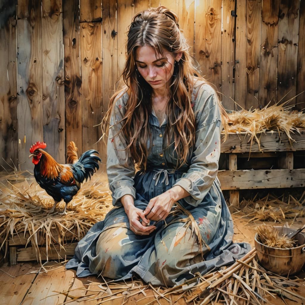 Woman Kneeling in Barn: Watercolor Painting